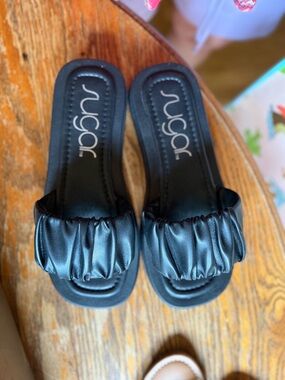 Sugar Black Ruched Slip-On Sandals